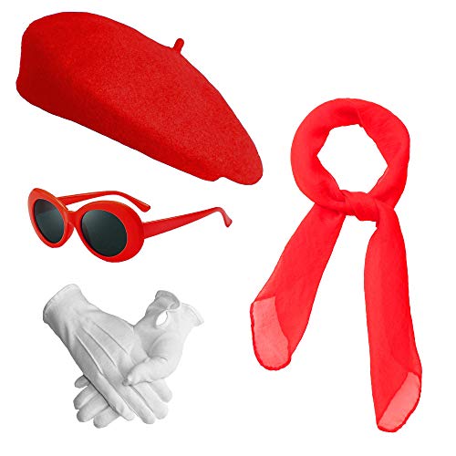 Damen Mädchen Französisch Paris Mottoparty 1950er Jahre Kostüm Accessoires Set (4 Stück), Rot/Ausflug, einfarbig (Getaway Solids), Einheitsgröße von Feacole