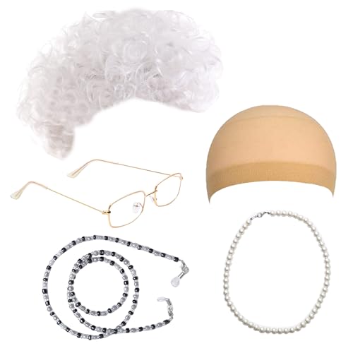Feacole Cosplay-Set für Mädchen, alte Dame, Perückenkappen, Madea Oma-Brille, Brillen-Haltekette, Perlenkette (5-teilig), passend für alle (Stil 7) von Feacole