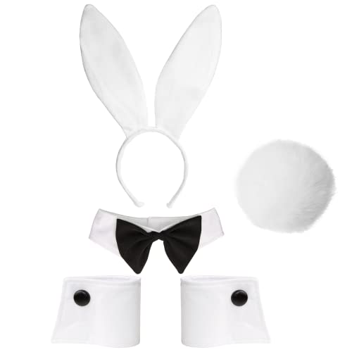 Hasen-Kostüm-Set – Kaninchenohren, Stirnband, Fliege, Manschette und Schwanz-Zubehör-Set, Weiss/opulenter Garten, Einheitsgröße von Feacole