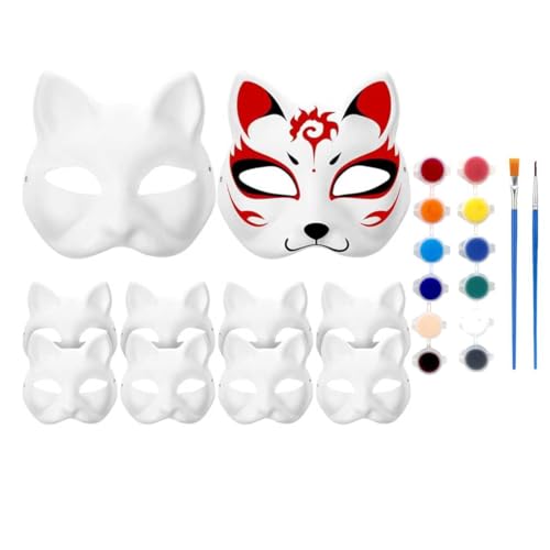 Blanko-Masken mit Fuchs-Katze, reinweiß, Graffiti-Masken mit 12 Farbpigmenten und 2 Pinseln, handbemalt, Persönlichkeitsmasken, geeignet für Cosplay, Halloween, Tanzparty, Masken, 10 Stück von Feaolala