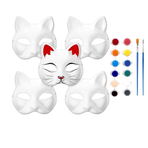 Blanko-Masken mit Fuchs-Katze, zum Selbermachen, reinweiß, Graffiti-Masken mit 12 Farbpigmenten und 2 Pinseln, handbemalt, Persönlichkeitsmasken, geeignet für Cosplay, Halloween, Tanzparty, 5 Stück von Feaolala