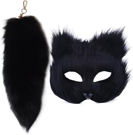 Katzenmaske und Therian Tail Set Maske und Heck Set für Mädchen Halloween Cat Mask Tail Cosplay Fox Mask Wolf für Cosplay -Fantastart Party (Schwarz) von Feaolala