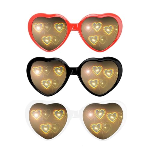 Febbya 3D Herz-Effekt Brille,3 Stück Heart Glasses Beugungs Brille Herzförmige Sonnenbrille für Frauen & Männer,Lustige Party Brille für Rave,Festival,Karneval,Nachtclub (Schwarz/Weiß/Rot) von Febbya