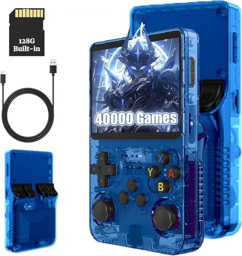 Febotak R36S Retro-Handheld-Spielkonsole, 3,5-Zoll-IPS-Bildschirm, 128 GB Speicher, über 40.000 Spiele, basierend auf LINXU Open Source ARKOS, 3500-mAh-Akku (Blau) von Febotak