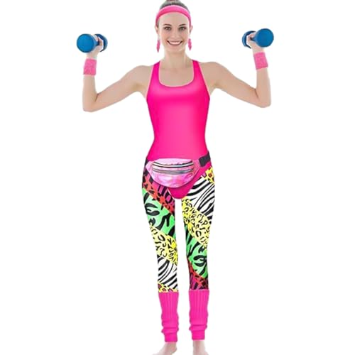 Fecfucy 80er-Jahre-Workout-Kostüm für Damen, 80er-Jahre-Kostüme für Damen für Erwachsene | 80er-Jahre-Trainingsoberteile, Leggings, Partykostüme für Frauen | Mit Beinstulpen, Ohrringen, Gürteltasche von Fecfucy
