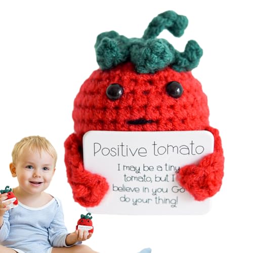 Fecfucy Inspirierende Tomate gestrickt,Handgefertigtes positives Strickspielzeug mit inspirierender Karte - Langlebige gehäkelte Kuscheltiere, weiche emotionale Unterstützung für Party, Zuhause von Fecfucy