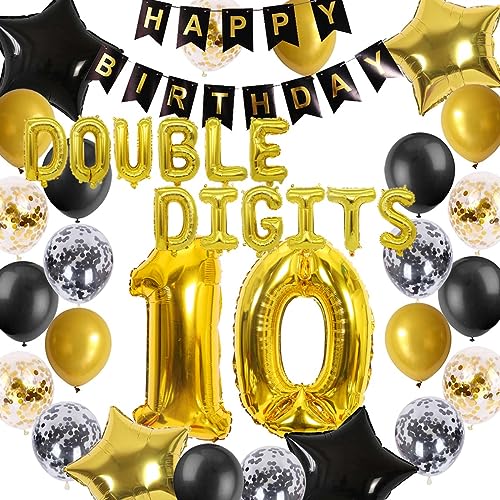 10 Geburtstag Dekorationen Schwarz Gold für Jungen Mädchen Doppelstellige Party Supplies Nummer 10 Folienballons Konfetti für 10 Jahre alt (Schwarz Gold) von Fechy