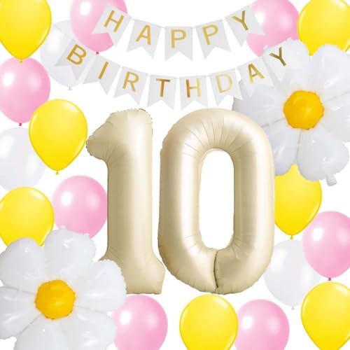 10.Geburtstag Deko Mädchen Jungen, Luftballon 10. Gänseblümchen Geburtstags Party , Pink Gelb Weiß Nummer 10 Gänseblümchen Folienballon, Ballon Geburtstag 10. Dekorationen(10.) von Fechy
