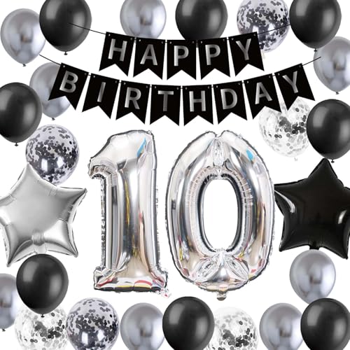 10.Geburtstag Dekoration, 10 Jahre alt Junge Geburtstagdeko Mädchen Ballon , Silber Schwarz Luftballon 10 Geburtstag Party Deko für Ihn Sohn 10 Jahre Alt Zweistellig(10.) von Fechy