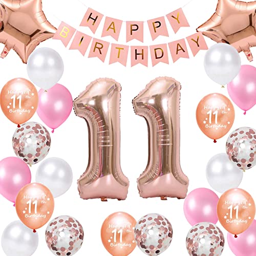 11. Geburtstag Dekorationen Roségold für Mädchen, Happy Birthday Banner Roségold Nummer 11 Geburtstags Luftballon Stern Folieballon Konfetti Ballons für 11 Jahr Geburtstags Deko Mädchen(11.) von Fechy