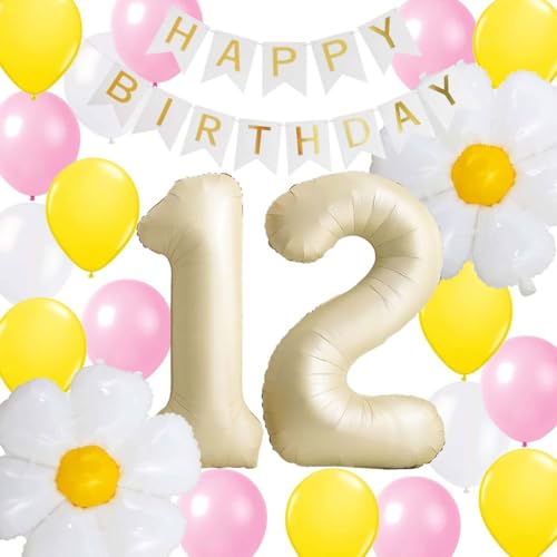 12. Geburtstag Deko für Mädchen, Pink Gelb Weiße Nummer 12 Gänseblümchen Folienballons Geburtstag Banner 12 Jahre Alt Party Ballon Dekorationen für Jungen Mädchen (12.) von Fechy
