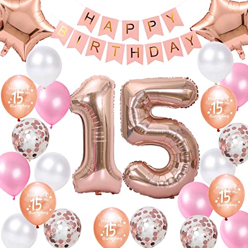 15. Geburtstag Dekorationen Roségold für Mädchen, Happy Birthday Banner Roségold Nummer 15 Geburtstags Luftballon Stern Folieballon Konfetti Ballons für 15 Jahr Geburtstags Deko Mädchen(15.) von Fechy