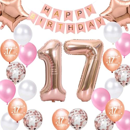 17. Geburtstag Dekorationen Roségold für Mädchen, Happy Birthday Banner Roségold Nummer 17 Geburtstags Ballons Stern Folieballon Konfetti Ballons für 17 Jahr Geburtstags Deko Mädchen von Fechy