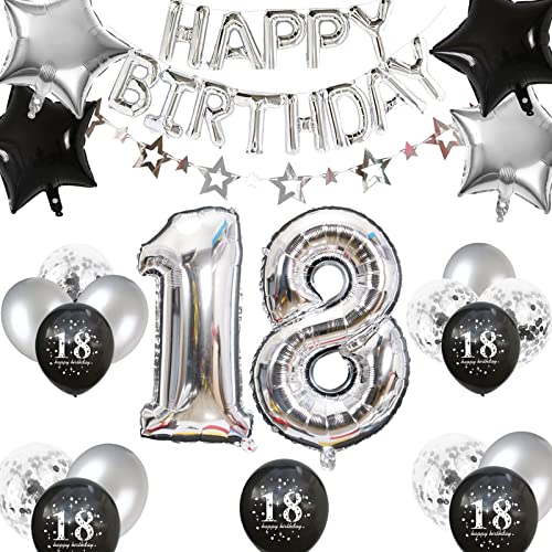 Fechy 18. Geburtstag Dekorationen Silber Schwarz, Alles Gute zum 18. Geburtstag Stern Banner Nummer 18 Luftballons Stern Folienballons 18. Geburtstag Konfetti Luftballons für Jungen Mädchen 18. Geburt von Fechy