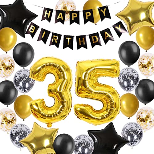 35. Geburtstag Dekorationen Schwarz-Gold für Männer Frauen, 35. Geburtstag Banner 35 Geburtstag Star Folie Konfetti Ballons für Cheers to 35 Jahre alt Geburtstag Party Dekorationen(35.) von Fechy