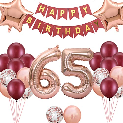 65. Geburtstags Dekorationen Windrot für Frauen, Birthday Banner Nummer 65 Geburtstags Ballons Stern Folienballons Roségold Rot Konfetti Ballons für ihre Mutter 65 Jahre alt Geburtstag von Fechy