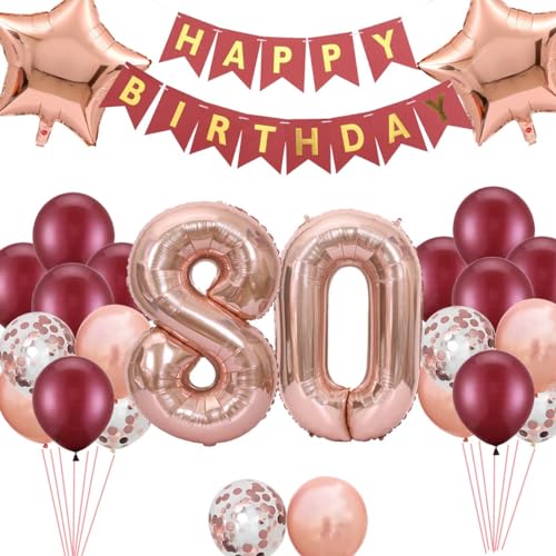 80.Geburtstags Dekorationen Weinrot für Frauen, Luftballon 80. Geburtstag Stern Folienballons Roségold Deko, Cheers to 80 Jahre alt Geburtstag Party, Geburtstagsdeko 80 Jahre für ihre Mutter(80.) von Fechy