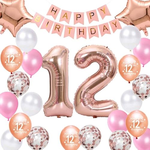 12 Geburtstag Dekorationen Roségold für Mädchen, Birthday Banner Roségold Nummer 12 Geburtstags Luftballon Stern Folieballon Konfetti Ballons für 12 Jahr Geburtstags Deko Mädchen von Fechy