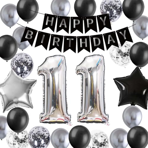 11. Geburtstag Dekoration, Junge Mädchen Luftballon 11. Geburtstag Deko, Sliver Schwarz 11 Jahre Ballons, 11 Jahre Geburtstagsdeko für 11 Jahre Alten Jungen Sohn Kinder(11.) von Fechy