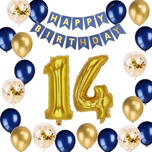 Luftballon 14. Geburtstag Deko, Geburtstagsdeko 14 Jahre Mädchen, 14. Junge Happy Birthday Banner Dekoration Set, Ballon 14. Party Geburtstag Dekoration Metallic Marineblau(14.) von Fechy