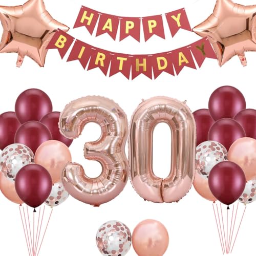 Luftballon 30. Geburtstag Dekorationen, Burgund Rose Gold 30. Folie Ballons Geburtstag Dekoration Set, 30 Jahre alt Frauen Geburtstag Party Dekorationen, Frauen Partyzubehör zum 30. Jahrestag von Fechy