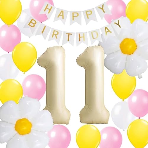 Luftballons 11. Geburtstag Deko Mädchen, Pink Gelb Weiß 11 Jahre Gänseblümchen Folienballon Geburtstagsdeko, 11. Geburtstag Dekorationen Ballon für 11 Jahre Alt Jungen Mädchen(11.) von Fechy