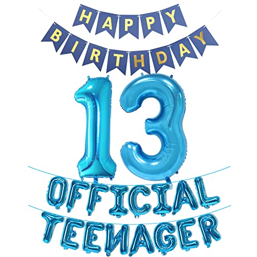 Offizielle Teenager 13. Geburtstag Dekorationen Mädchen Jungen, Happy Birthday Banner Nummer 13 Geburtstags Folien Ballons Offizielle Teenager Ballons für 13 Jahr Geburtstags Deko (Blau) von Fechy