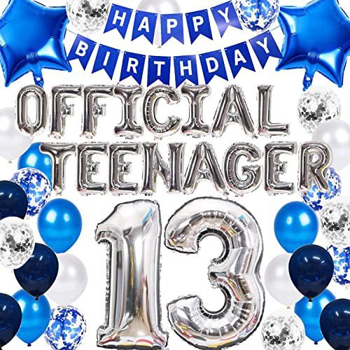 Offizielle Teenager Dekoration für 13. Geburtstag Jungen, Silber Blau 13 Geburtstags Banner Ballons mit 13. Geburtstags Topper Konfetti Folien Luftballon Deko 13. Geburtstag Jungen von Fechy