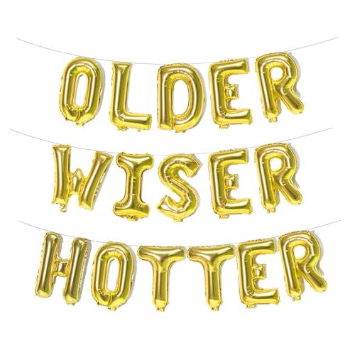 Older Wiser Heißer Folienballons, Buchstabenbanner Lustige Geburtstagsdekorationen für Frauen Männer 30., 40., 50., 60., 70., 80. Geburtstag, Partyzubehör (Gold) von Fechy