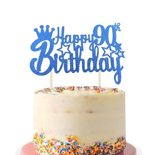 Tortenaufsatz "Happy 90th Birthday", schwarzer Glitzer, für Hello 90, Cheers to 90 Years, 90 & Fabulous, 90. Geburtstag, Kuchendekoration zum 90. Geburtstag, Party-Kuchendekorationen (schwarz) (blau) von Fechy