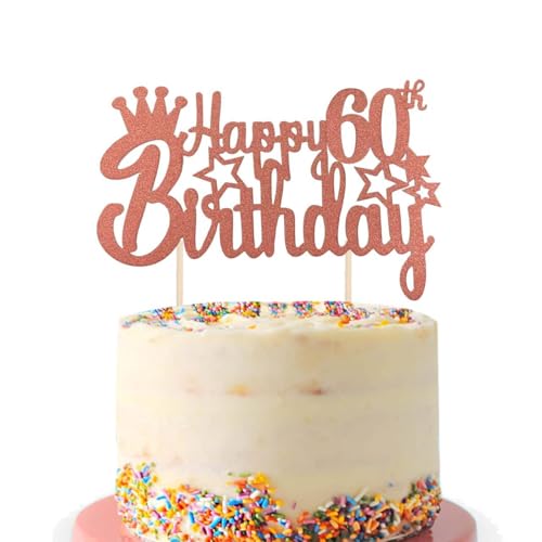 Tortendeko 60. Geburtstag Roségold - Happy Birthday Cake Topper, Glitzer Kuchen Deko, Party Dekoration für 60 Jahre Frauen Mann (Roségold) von Fechy