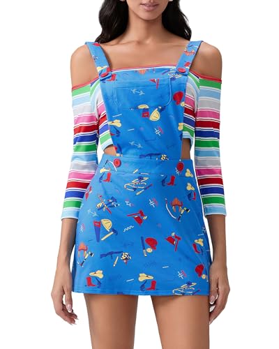 Feclmiyt Chucky-Overall-Kostüm für Damen, Overall-Kleid + gestreift, schulterfrei, bauchfreies Oberteil, Albtraum-Killer-Puppe, Horror-TV-Film-Kostüm (A-1, L) von Feclmiyt