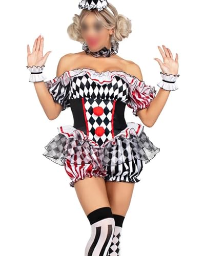 Feclmiyt Clown-Kostüm für Damen, Motiv: Deadly Darling, Harlekin, schulterfrei, Rüschensaum, Shorts, Overall, 5-teilig, Zirkus-Clown, Halloween-Body-Kostüm (A-1, XL) von Feclmiyt