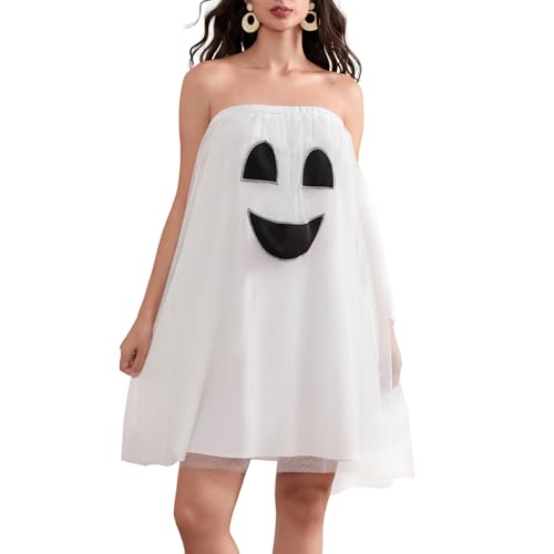 Feclmiyt Damen Ghost Halloween Kostüm Kleid Trägerloses Babydoll Minikleider Erwachsene Halloween Outfit für Frauen Cosplay Halloween Party (A-01, L) von Feclmiyt