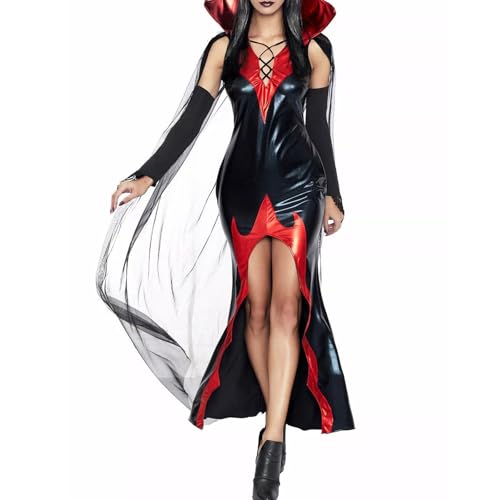 Feclmiyt Damen Halloween Vampir Queen Kostüm Schwarz Rot Kleid mit Sheer Mesh Umhang und Arm Ärmel Set Gothic Cosplay Outfits (Schwarz, XL) von Feclmiyt