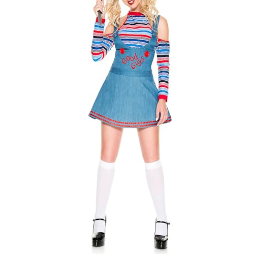 Feclmiyt Damen-Overall für Halloween, Killer-Puppe, Overall, Kleid, schulterfrei, bauchfrei, Albtraum-Killer-Puppe, Horror-Film, Strampler (B-1, L) von Feclmiyt