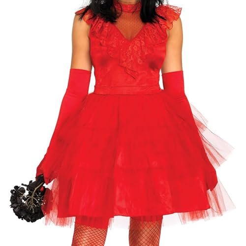Feclmiyt Damenkostüm, 80er-Jahre-Stil, ärmellos, Stehkragen, Rüschen, Spitzenkleid mit Schleier-Handschuhen, Halloween-Cosplay-Outfit (A-Red, M) von Feclmiyt