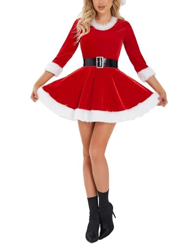 Feclmiyt Frauenmann-Kostüm für Damen, Weihnachtsmann-Kostüm, Cosplay-Kleid, Plüschbesatz, Samt, langärmelig, Gürtel, Cami-Kleid mit Hut (A-1, M) von Feclmiyt