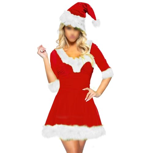 Feclmiyt Frauenmann-Kostüm für Damen, Weihnachtsmann-Kostüm, Cosplay-Kleid, Plüschbesatz, Samt, langärmelig, Gürtel, Cami-Kleid mit Hut (C-2, L) von Feclmiyt