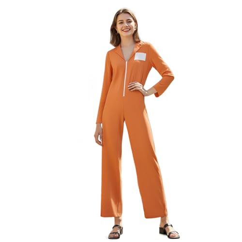 Feclmiyt Halloween Gefangenenkostüm für Erwachsene, orangefarbener Gefängnisknopfverschluss, kurzärmeliger Overall, Halloween, Cosplay, Rollenspiel-Kostüm (C-Gelb, L) von Feclmiyt