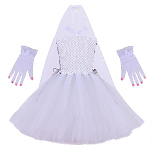 Feclmiyt Halloween-Hexen-Zombie-Brautkleid für Kinder, Skelett, Netzstoff, Tüll, Tutu-Kleid mit Schleiersocken, 2/3-teiliges Set (E-1, 4–5T) von Feclmiyt