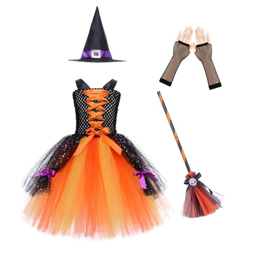 Feclmiyt Halloween-Hexenkostüm für Mädchen, Kontrastfarbe, Schleife, Pailletten, Tüll, Cami-Kleid, Hut, Netzärmel, Besen, Cosplay-Set (A-1, 3–4T) von Feclmiyt