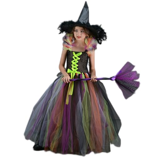 Feclmiyt Halloween-Hexenkostüm für Mädchen, Kontrastfarbe, Schleife, Pailletten, Tüll, Cami-Kleid, Hut, Netzärmel, Besen, Cosplay-Set (C-1, 6–7 Jahre) von Feclmiyt