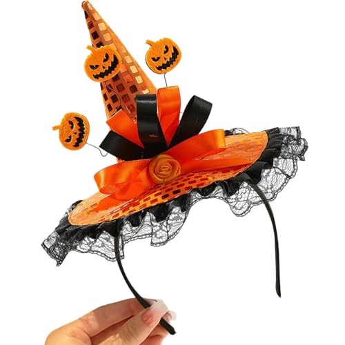 Feclmiyt Halloween-Hut, Stirnband, Kürbis-Blume, Geistermuster, Pailletten, Spitze, Haarreif für Party, Kostüm, Haarschmuck, Urlaub (Orange, Einheitsgröße) von Feclmiyt