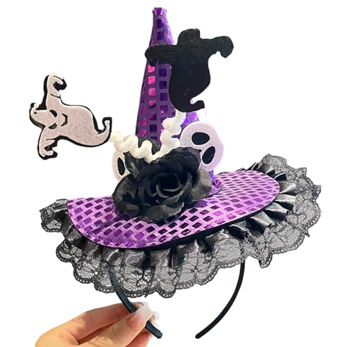 Feclmiyt Halloween-Hut, Stirnband, Kürbis-Blume, Geistermuster, Pailletten, Spitze, Haarreif für Party, Kostüm, Haarschmuck, Urlaub (lila-weiß, Einheitsgröße) von Feclmiyt