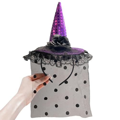Feclmiyt Halloween-Hut-Stirnband, Kürbis-Blume, Geistermuster, Pailletten, Spitze, Haarreif für Party, Kostüm, Haarschmuck, Urlaub (lila, Einheitsgröße) von Feclmiyt