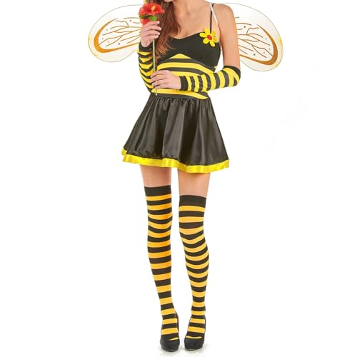 Feclmiyt Halloween-Kostüm für Damen, Bienen-Cosplay-Kostüm, Cami-Kleid, Stirnband, Flügelärmel, Strümpfe, Set, Honigbienenkönigin-Kleid für Mottoparty, Cosplay (A-1, L) von Feclmiyt