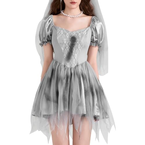 Feclmiyt Halloween-Kostüm für Damen, Zombie-Geisterbraut-Kostüm, Retro-Stil, Punk, Puffärmel, viktorianisches A-Linien-Kleid, Vampir, Zombie-Stirnband, Cosplay-Set (A-Grau, XL) von Feclmiyt