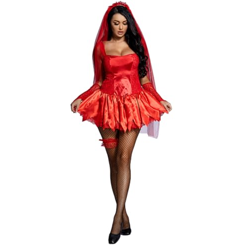 Feclmiyt Halloween-Kostüm für Damen, Zombie-Geisterbraut-Kostüm, Retro-Stil, Punk, Puffärmel, viktorianisches A-Linien-Kleid, Vampir, Zombie-Stirnband, Cosplay-Set (B-Red, XL) von Feclmiyt