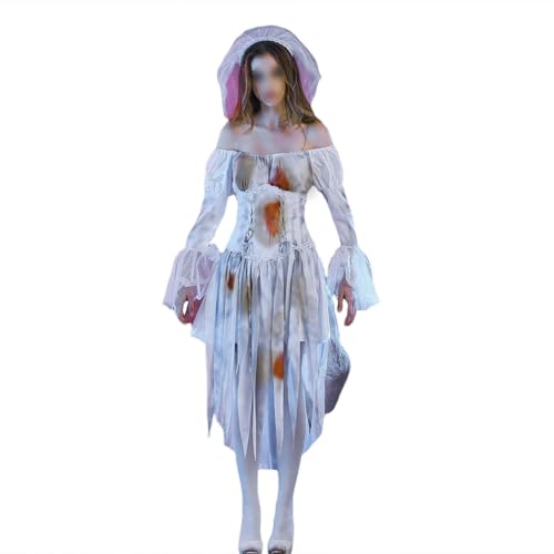 Feclmiyt Halloween-Kostüm für Damen – Zombie-Vampir Gothic Hexe Brautkleid Kurzarm Schulterfrei mit Schleier und Schal (B-1, M) von Feclmiyt